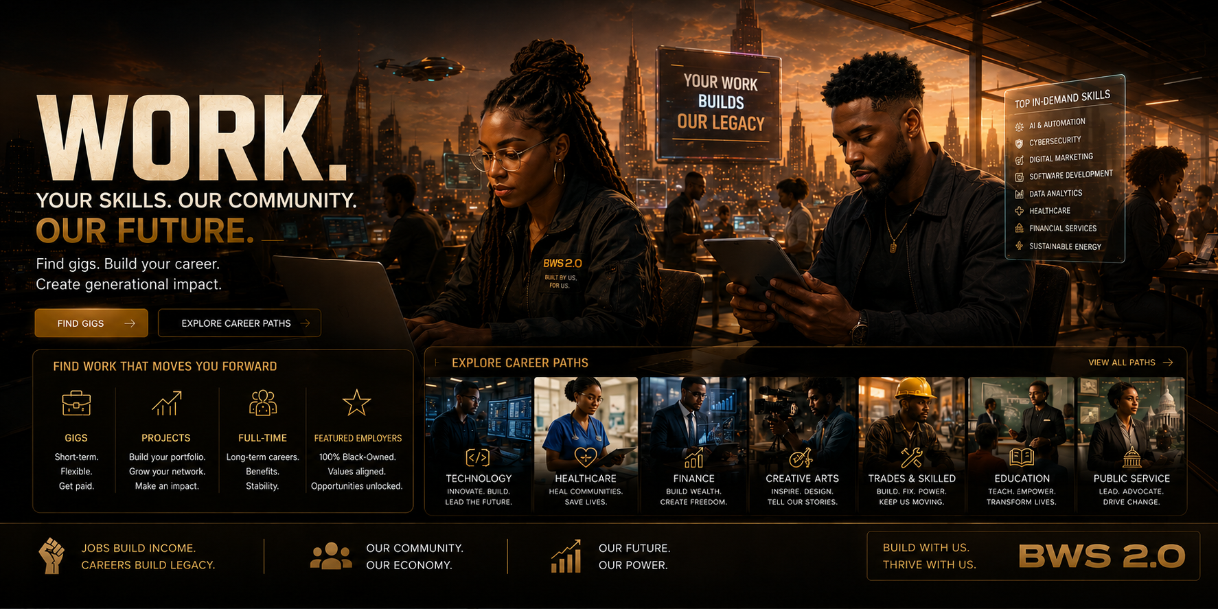 BWS 2.0 Work page hero showing gigs and career paths